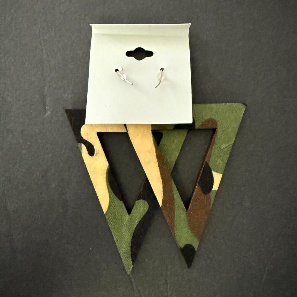 NOC Geometric Green Camouflage Triangle Wooden Fabric Drop Earrings Lightweight - Picture 4 of 5